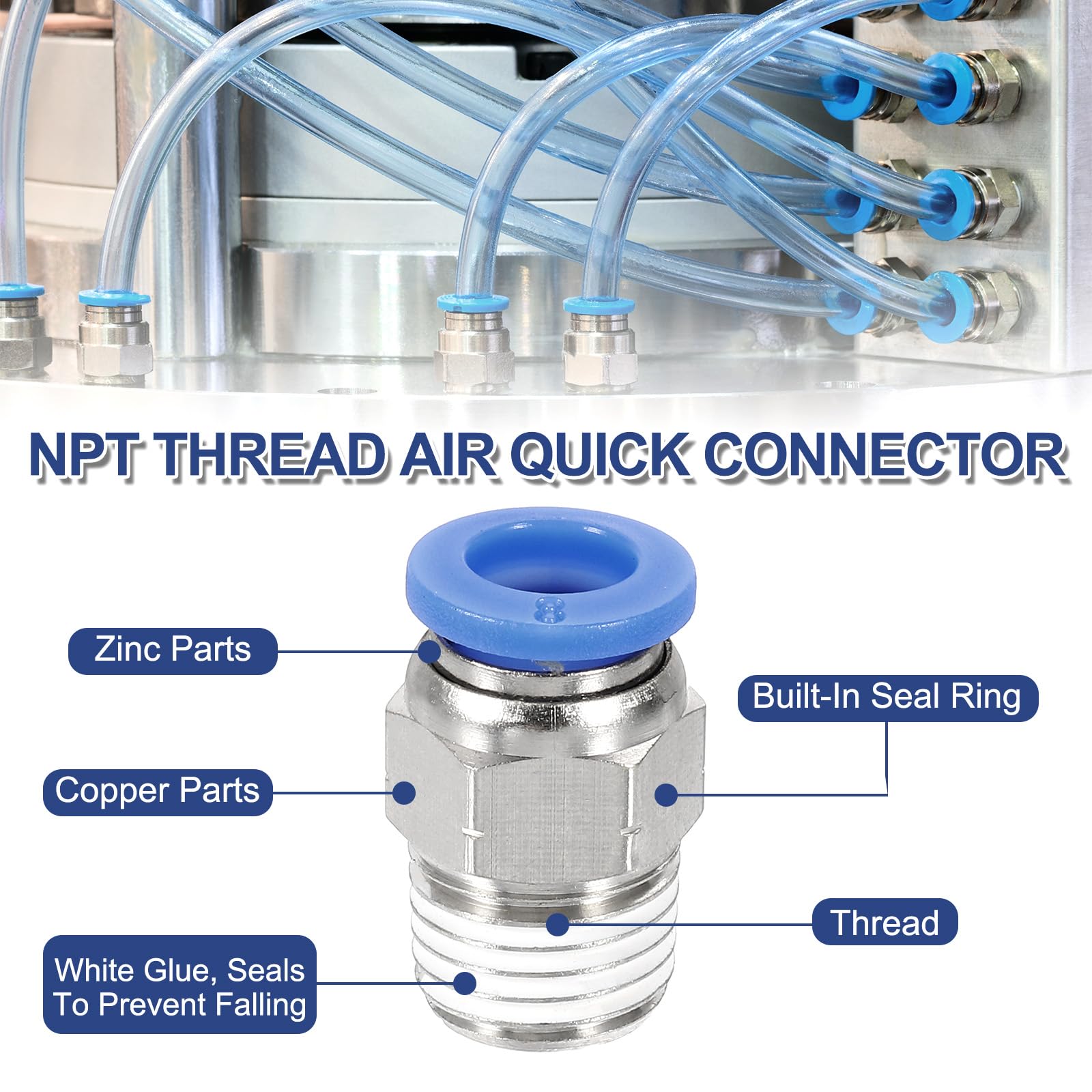 QUARKZMAN 2 Pezzi Raccordi Aria Push To Connect NPT, Maschio Dritto 8mm Diametro Esterno Tubo x Filettatura NPT 1/8" Connettore Rapido Aria Adattatore per Tubo Gas Strumenti Pneumatici, Blu