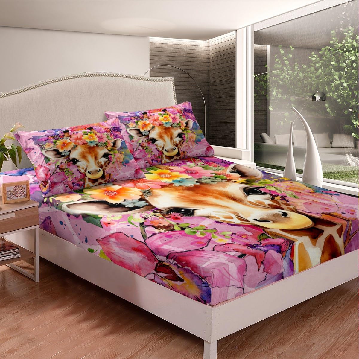 Feelyou Cute Giraffe Bed Sheet Set Colorful Flower Bedding Sheets for Kids Teens Cartoon Animal Bedding Fitted Sheet