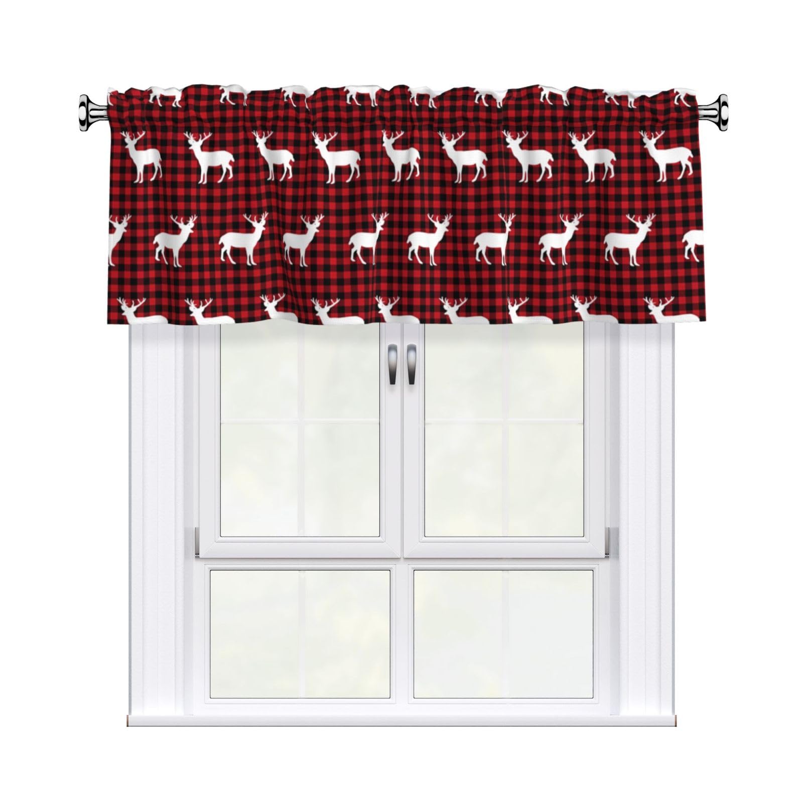 HJFCZH WHJSSF Buffalo Plaid Deer Prints 54x18in Curtain Valance - Peach Skin Polyester Kitchen Cover with Light Filtering Floral & 3" Rod Pocket