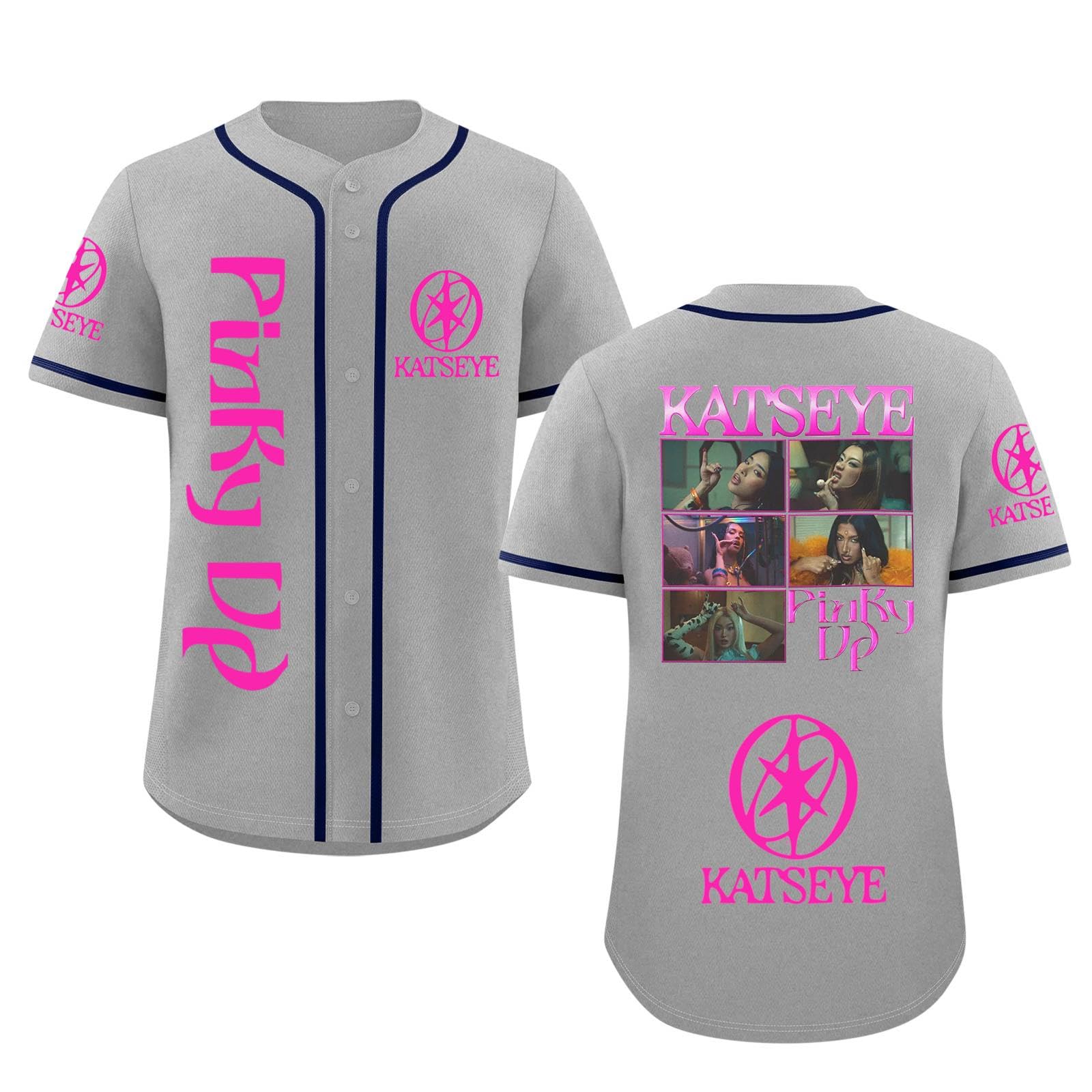 Katseye Tshirt Beautiful Chaos Album Pinky up Baseball Jersey Short Sleeve Button Down Casual Hip Hop Katseye Merch Baseball Jersey for Fans Men Women 04-Gray XXL