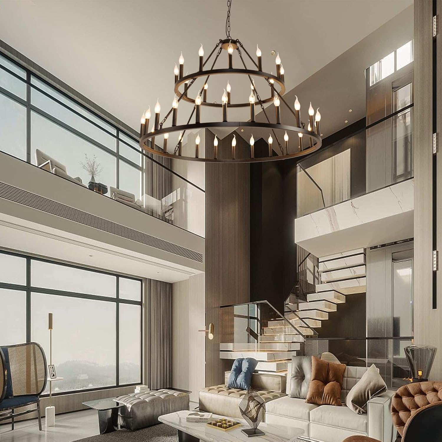 Wagon Wheel Chandelier 2 Tier 36-Light 48-inch, Black Farmhouse Industrial Chandelier Rustic Candle Pendant Light Extra Large for High Ceilings, Living Room Foyer