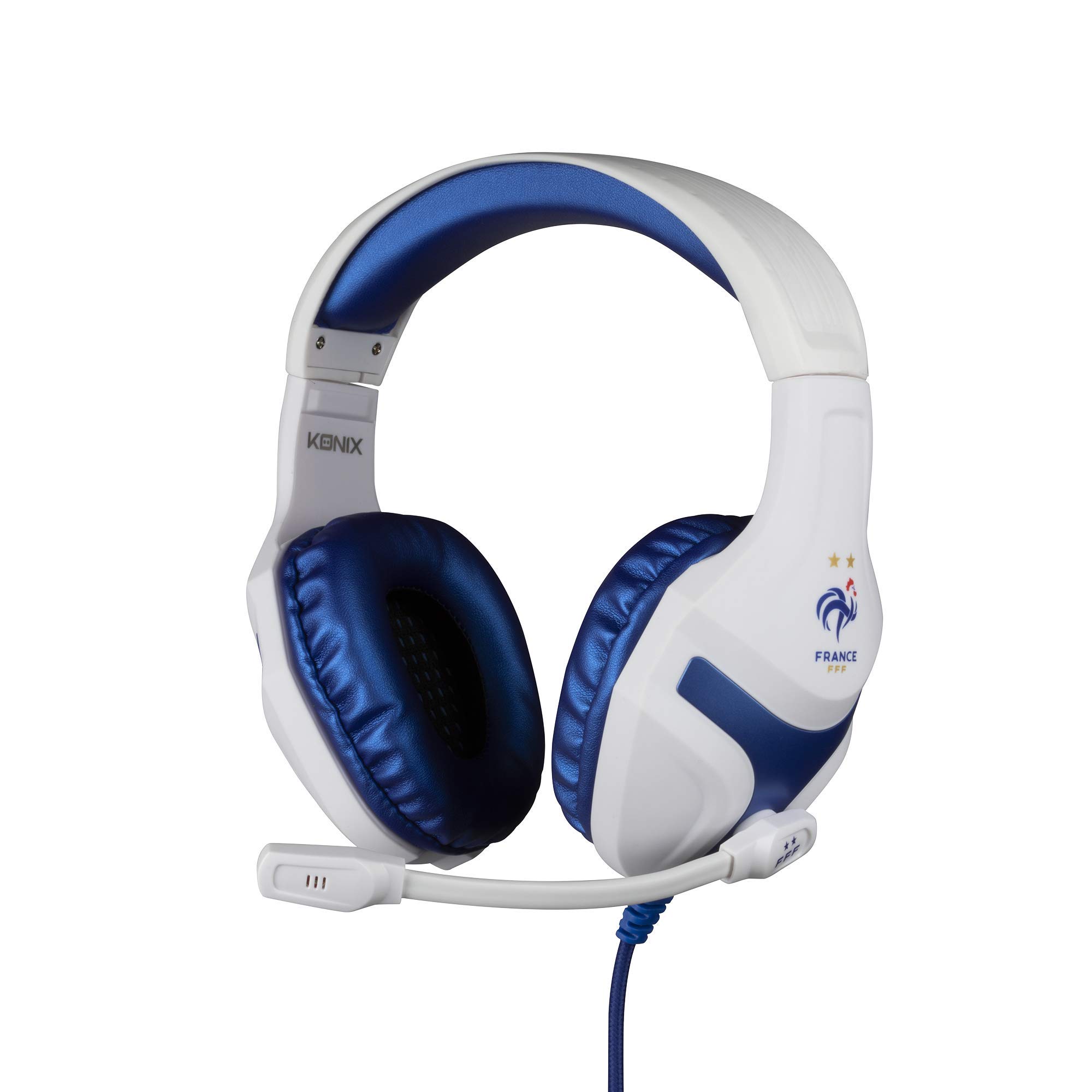 Konix FFF Casque Gaming Filaire PS-400 pour PC, PS4, PS5, Switch et Xbox - Microphone 45° - Câble 1,5 m - Prise Jack 3,5 mm - Blanc et Bleu