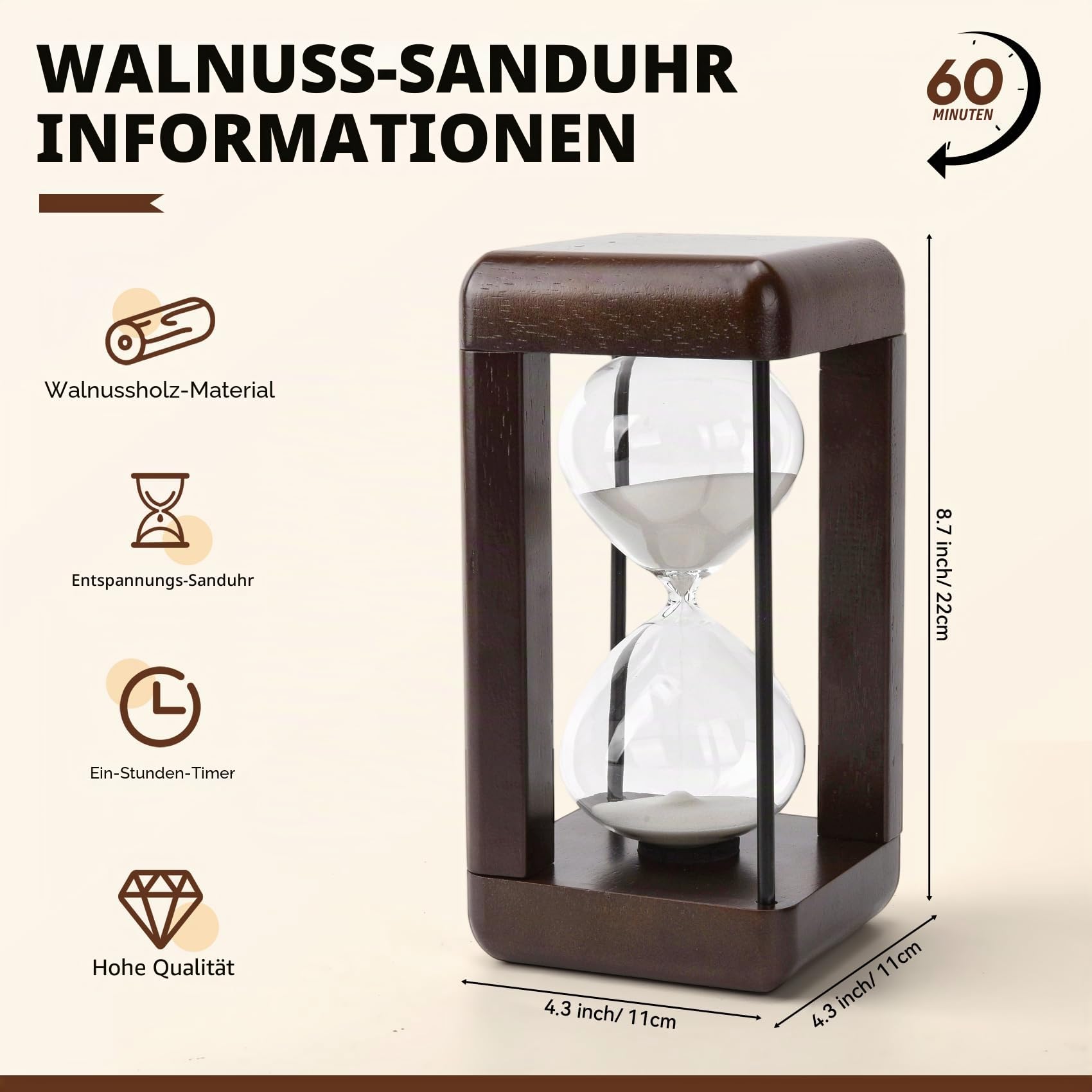 Sanduhr 60 Minuten,Premium Sanduhr aus Walnussholz, Sanduhren Timer, Tischdekoration, geeignet zum Kochen,Zähneputzen,Büro, Hochzeitsdekoration (Weiß)