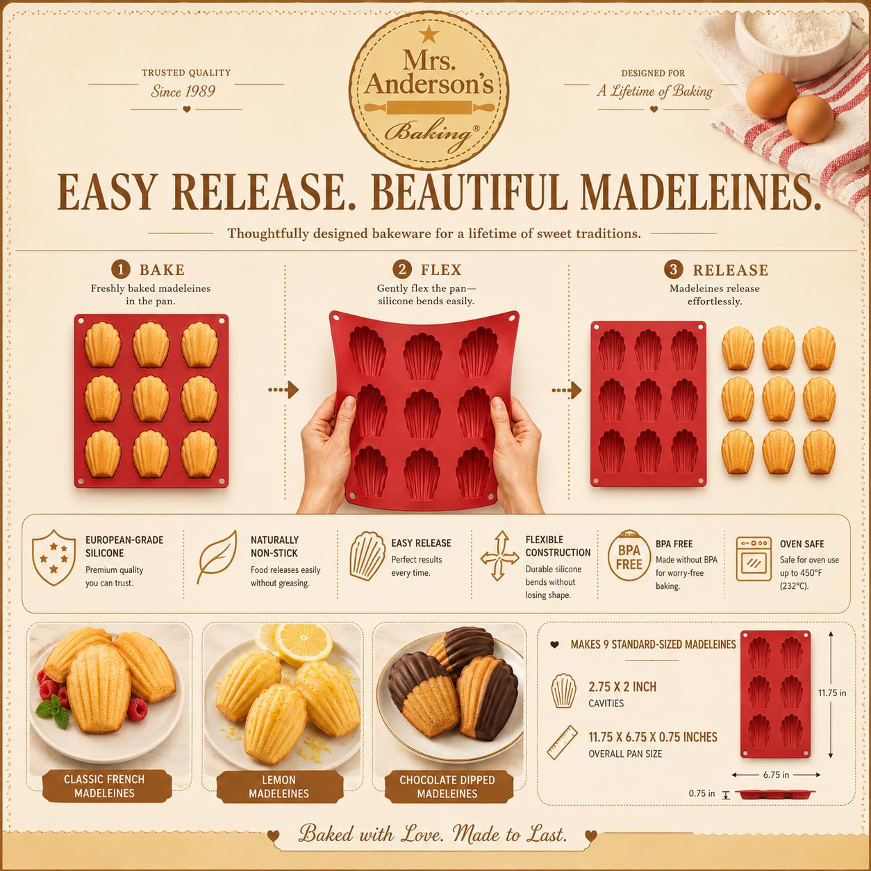 Harold Import Co. Mrs. Anderson's Baking Madeleine Pfanne, antihaftbeschichtet, europäisches Silikon