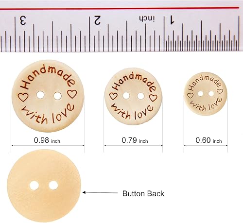 Miniatura 5 de 150 botones de madera Pinowu (15-0.787-0.984 in) hechos a mano con amor, decoración redonda para manualidades, 2 agujeros, botones de costura de
