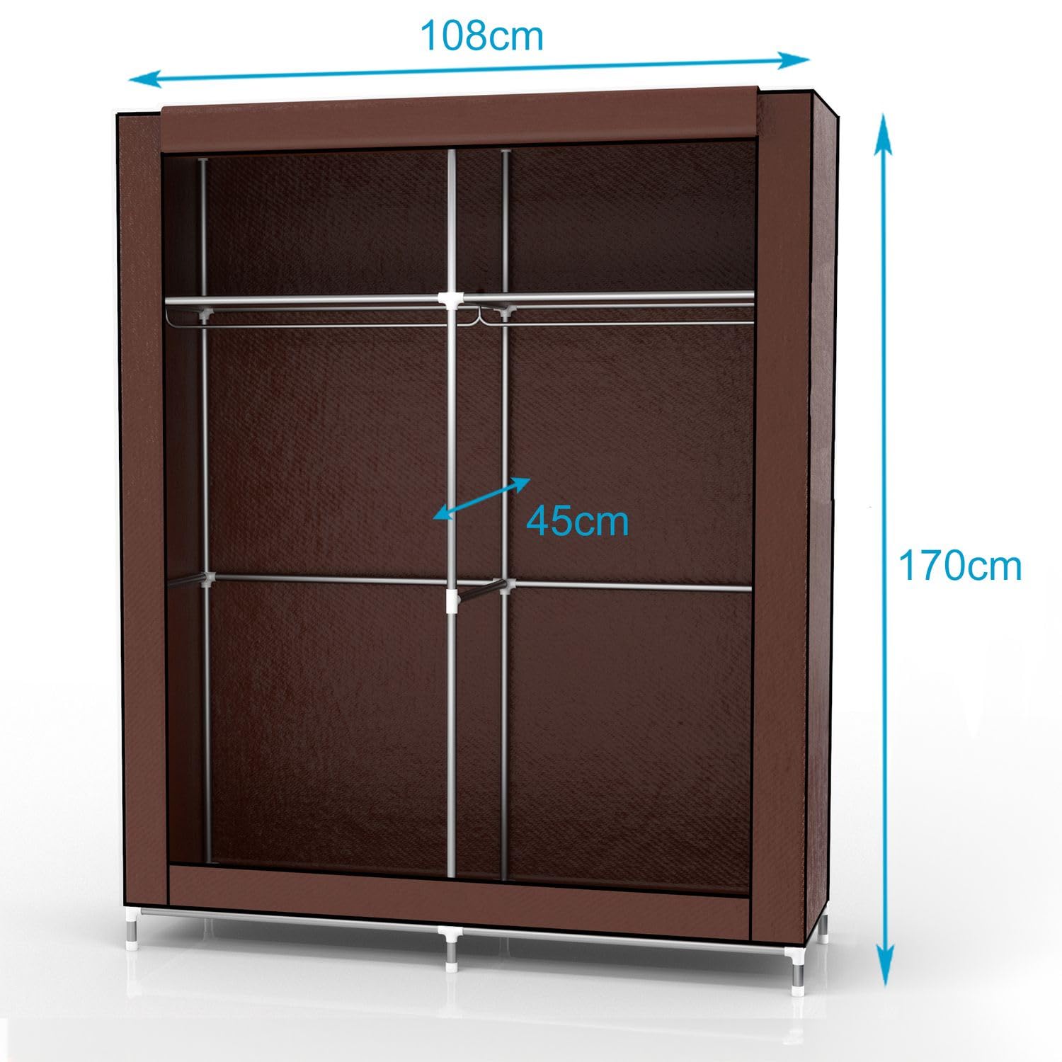 INTIRILIFE Faltschrank 108x45x170 cm in BRAUN - Stoffkleiderschrank mit Reißverschluss und Kleiderstange, Seitentasche und Fächern - Steckregal, Metallrahmen, Aufbewahrung