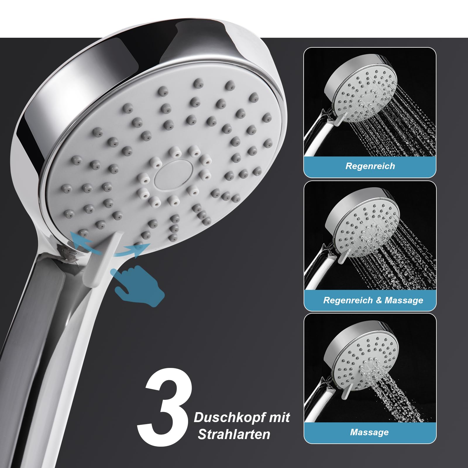 OFFO Duschset, 10cm Duschkopf mit 3 Strahlarten, Wassersparender Duschbrause mit Duschstange 60cm, Schlauch und Duschkopfhalterung, Verstellbare Höhe, Runder, Chrom