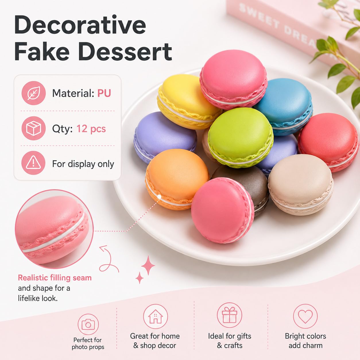 Lot de 12 petits macarons artificiels pour décoration de gâteaux, desserts, pâtisseries