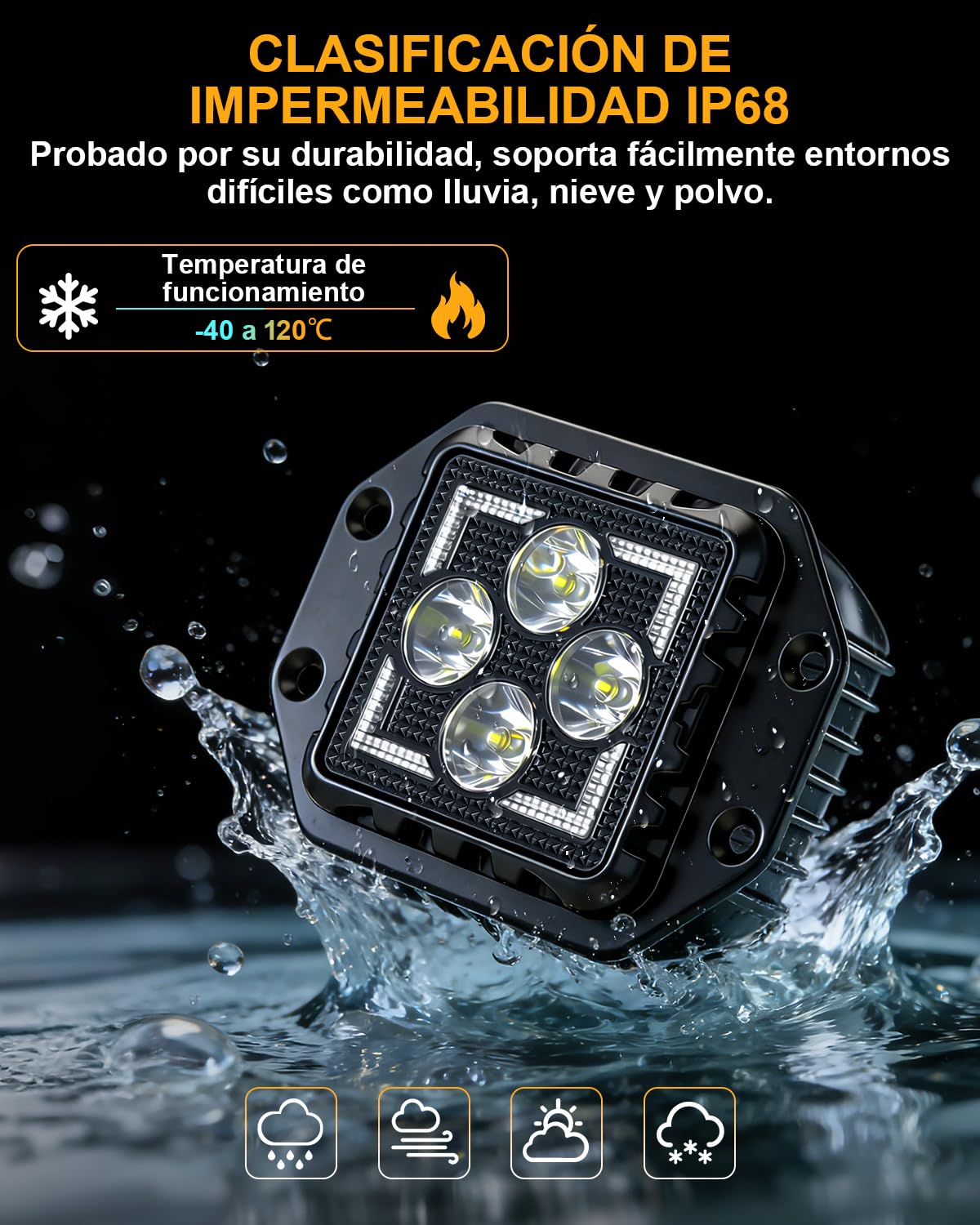 Reflektor roboczy LED 12V/24V z homologacją ECE, biały/żółty z funkcją migania, światło cofania/dodatkowe światło IP68, 4-punktowy montaż śrubowy do ciągnika, koparki, ciężarówki, rolnictwa i off-road