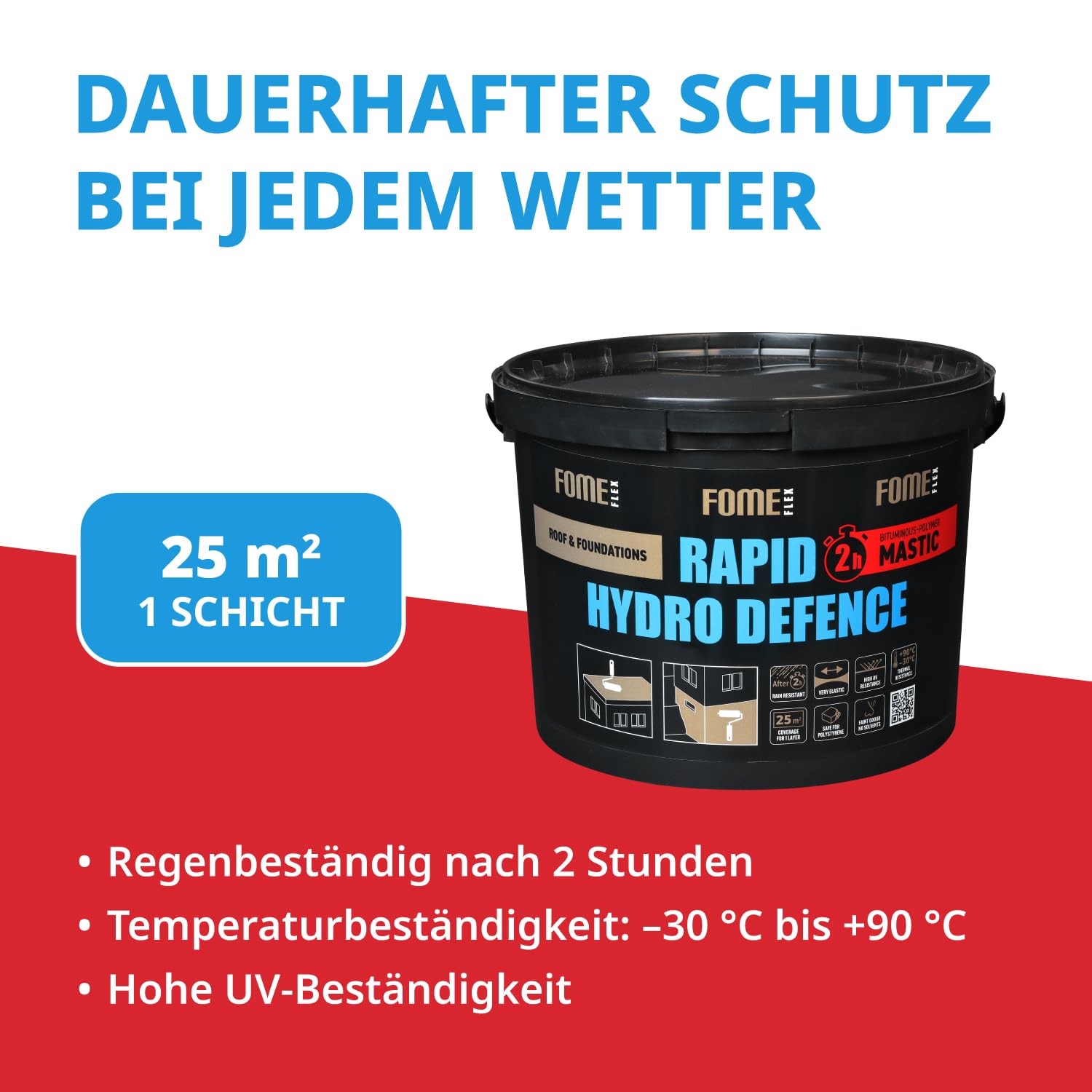 Rapid Hydro Defence Polymer-Bitumen Universaldichtmittel – Wasserdichte Feuchtigkeitssperre für Dach, Wände und Fundamente, Nahtlose Außenbeschichtung für Sanierung und Schutz (9,0 kg)