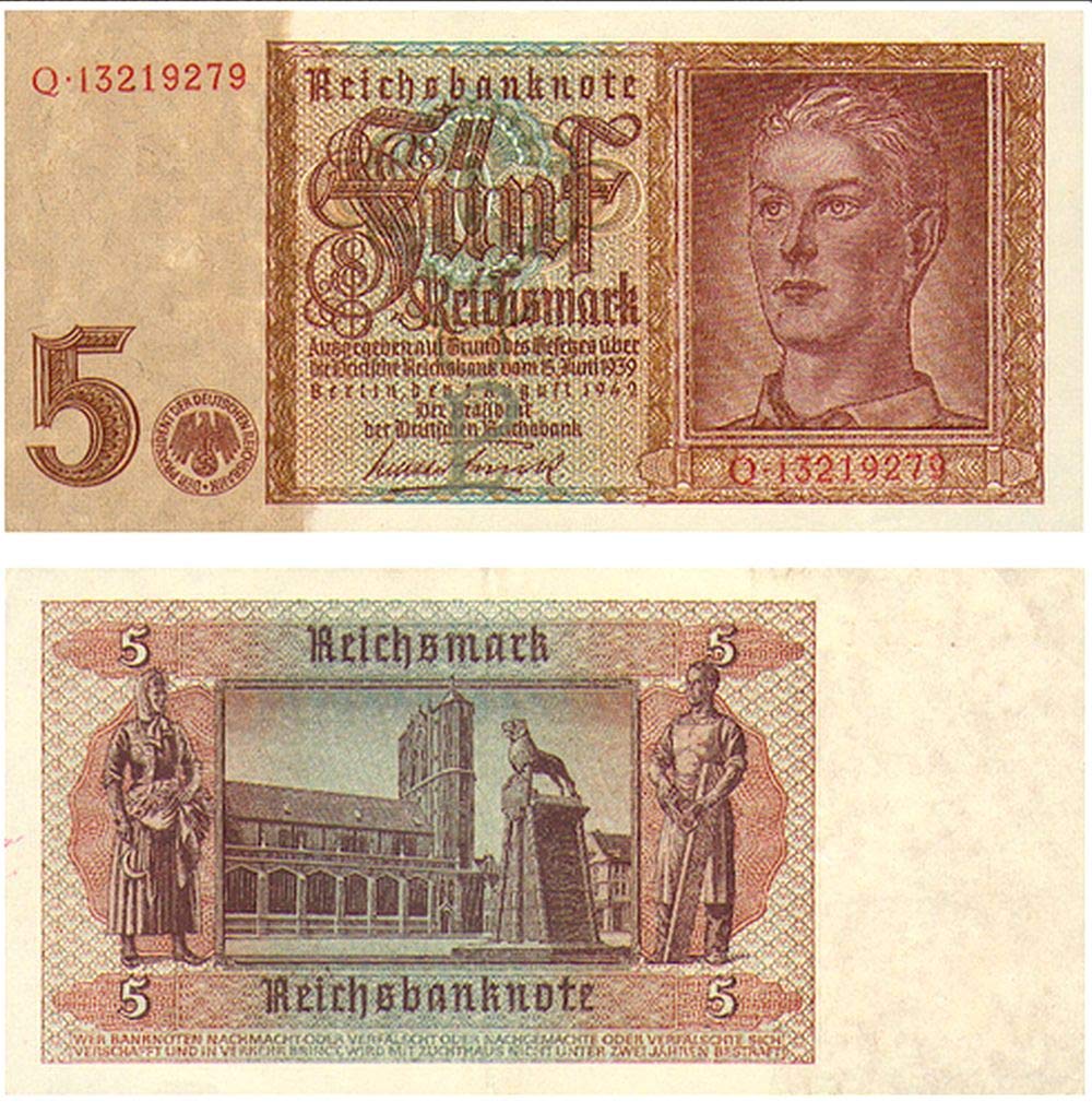 1942 DE GEM UNCIRCULATED! 1942 NAZI 5 MARK BILL w ARYAN TEEN (HITLER YOUTH), SWASTIKA - HISTORIC WW2