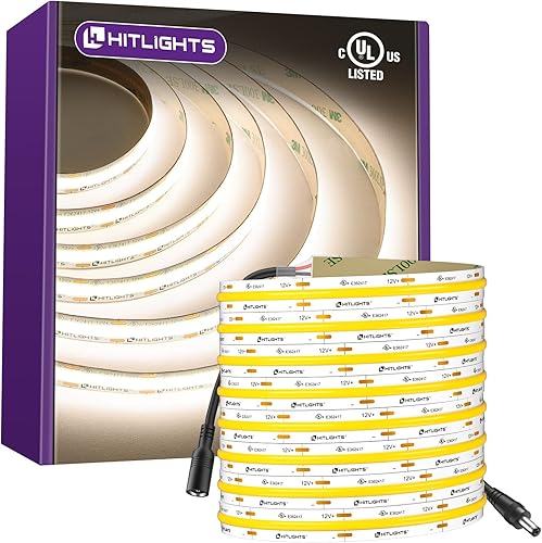 Miniatura 13 de HitLights COB - Tira de luces LED de color blanco cálido, cinta de luz de 12 V, 2700 K, 16.4 pies, 2640 LED, 426 lm/ft, CRI 90+, IP30, iluminación