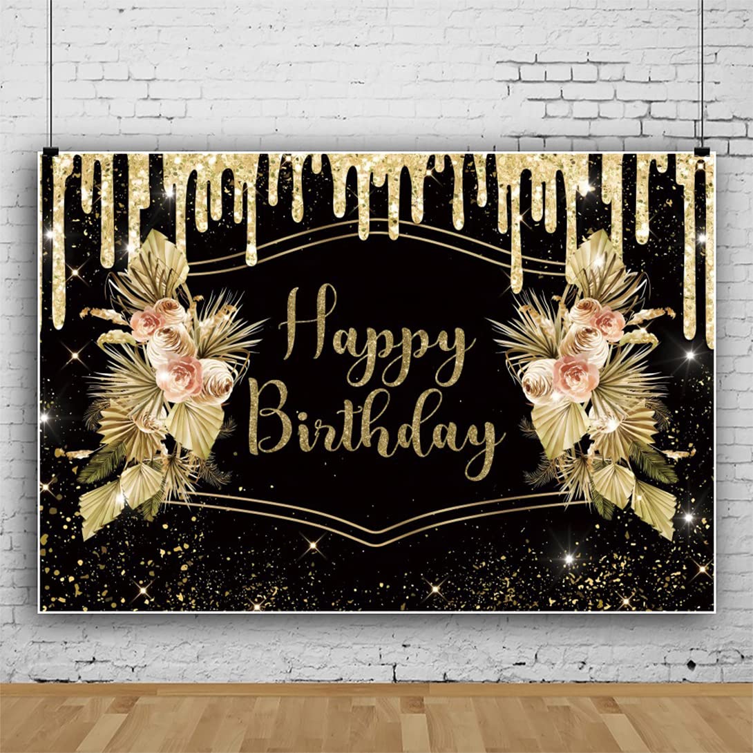 300x250cm Nero Oro Tema Buon Compleanno Fotografia Sfondo Scintillante Starlight Rosa Foglie per Festa di Compleanno Banner