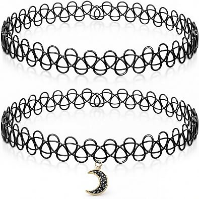 2PCS 90s Tattoo Gothic Choker Necklace Set - Black Stretchy Elastic Necklace with Moon Pendant Vintage Trendy Y2K Fashion Jewelry, Adjustable Retro Gothic Grunge Aesthetic Accessories for Women