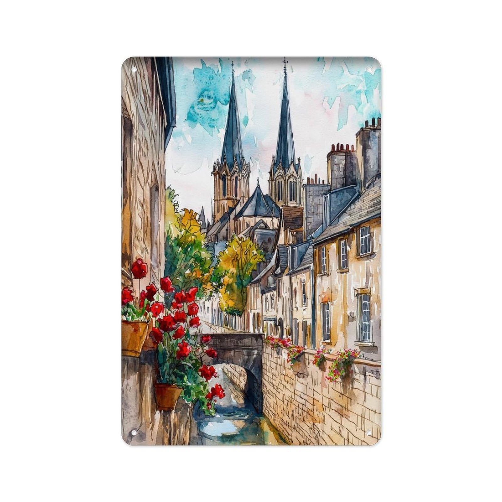 peiyeety Metal Tin Sign Bayesian Watercolor Normandy Historical French City Cathedral Decoration Travel Gift 8 X 12 Inch