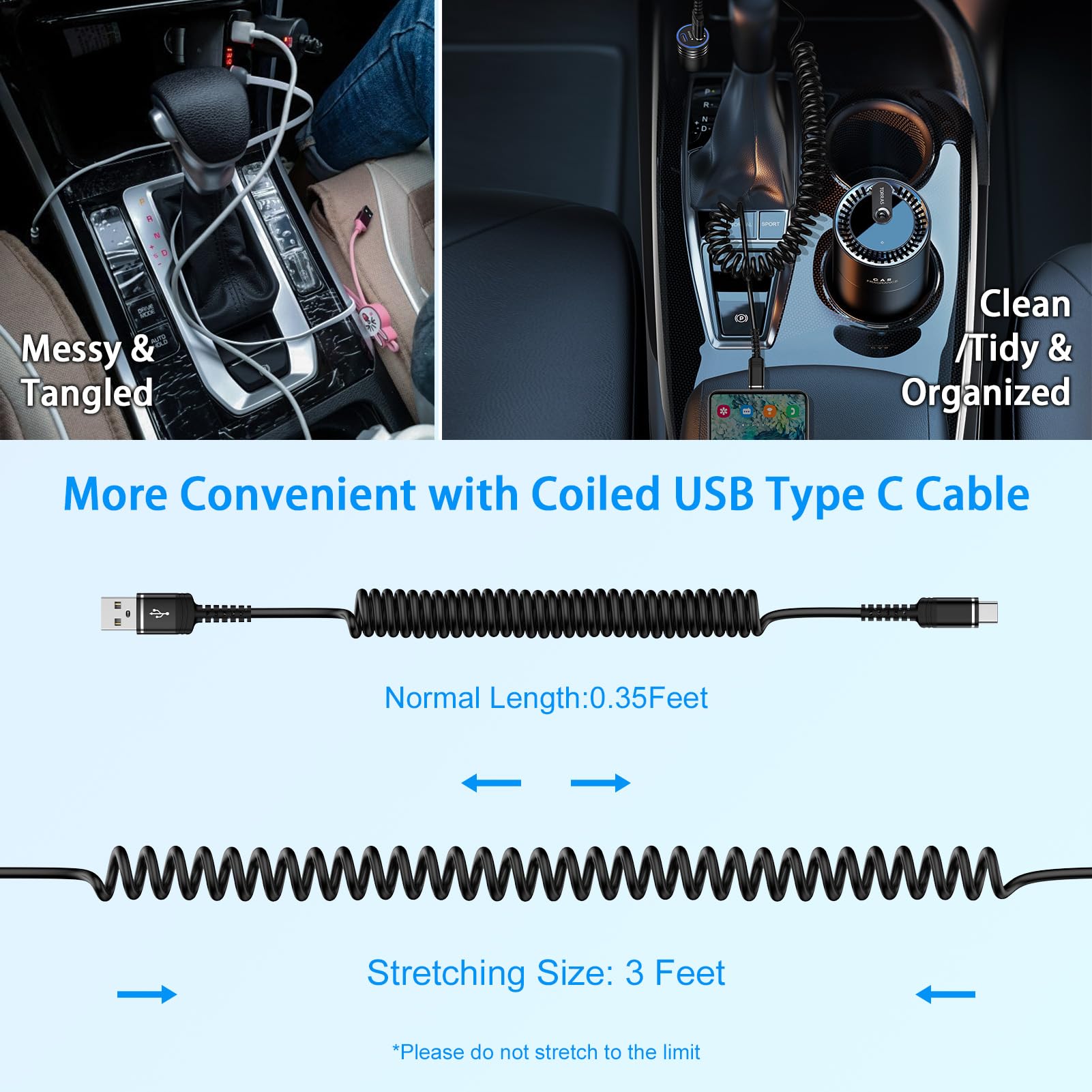 USB-C-Ladekabel für iPhone 16 Pro Max, 16 Plus, 16 Pro, 16, 15, einziehbar, kurz, Android, Auto-Carplay, schnelles Aufladen, Typ A auf C, Handy-Netzkabel für Samsung Galaxy S24, A15, A35, 91 cm