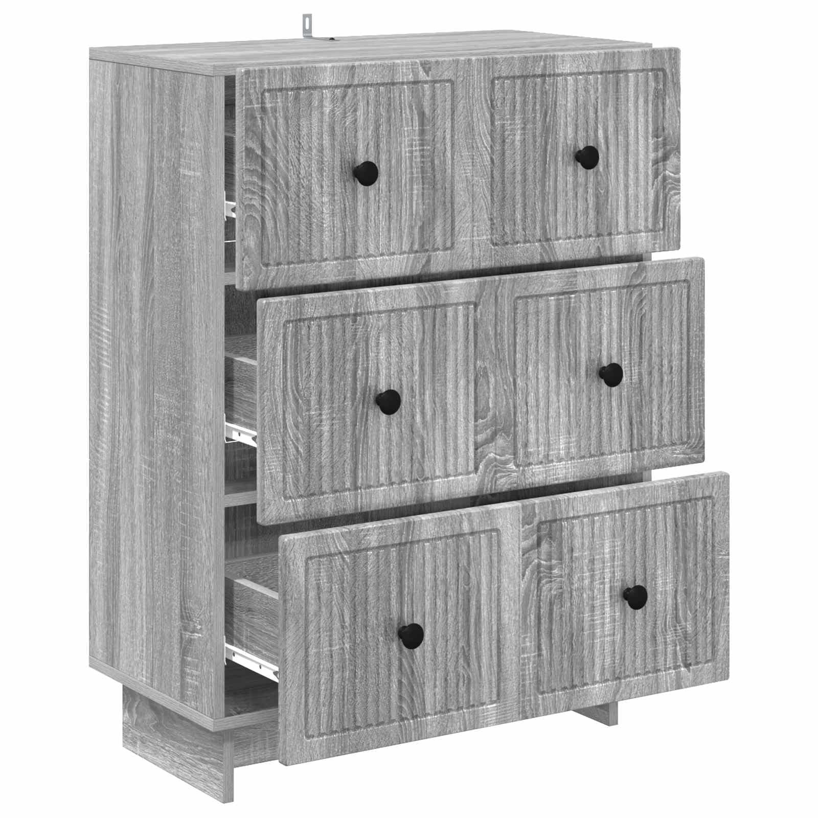 Cassettiera in legno Sonoma grigio, 66 x 34,5 x 90 cm, con 3 cassetti, soluzione versatile per soggiorno, ufficio, corridoio, cassettiera con maniglie in metallo, sistema di organizzazione