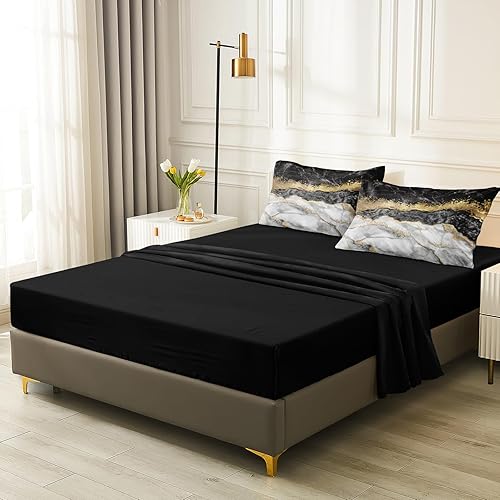 Miniatura 8 de Juego de edredón ligero de mármol, tamaño Queen, color negro y dorado, edredón dorado metálico, edredón alternativo de plumón alternativo en una