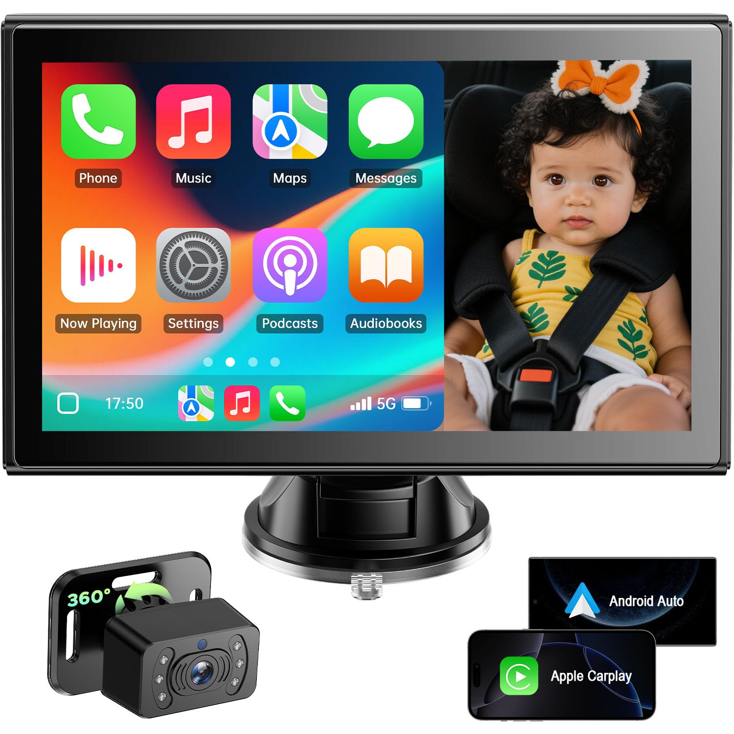 LAMTTO Cámara de coche para bebé con WiFi 5G Split View Sincroniza navegación del teléfono inalámbrico CarPlay Android Auto 7 pulg