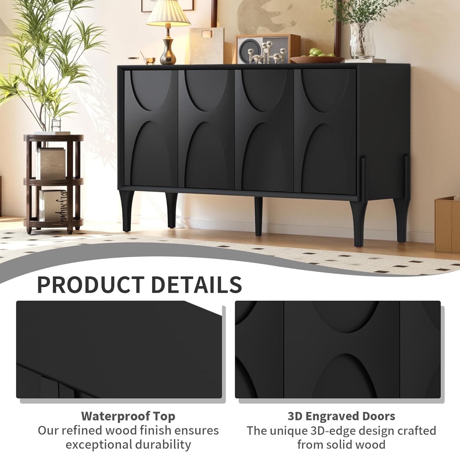 LKTART 59”Buffet Cabinet with Storage, 4 Doors Sideboard Buffet Cabinet with Adjustable Shelves & Solid Wood Legs, Accent Coffee Bar Console Table for Living Room,Kitchen, Entryway, Black