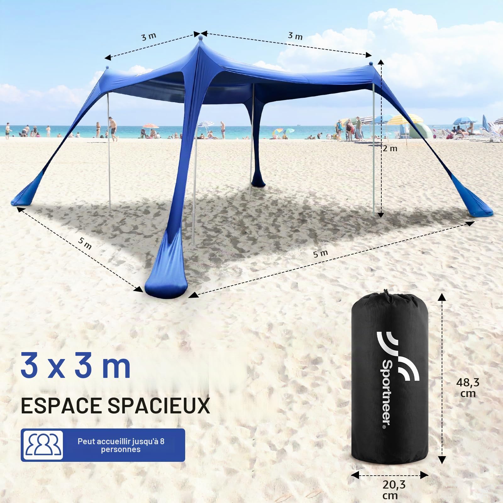 Sportneer Tente de plage, 3 x 3 m, abri solaire UPF50+ avec sacs de sable, pelles à sable, piquets de sol et poteaux de stabilité, auvent de plage d'extérieur pour plage, camping, pêche