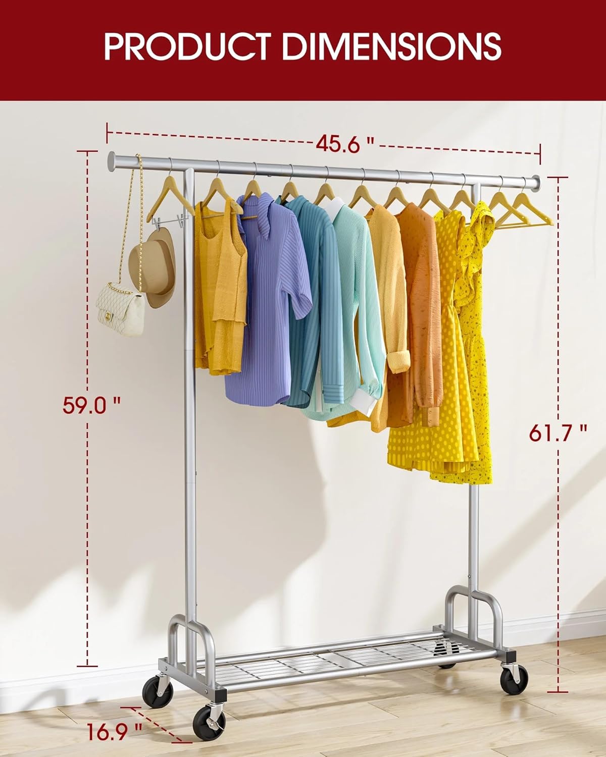 Metal Rolling Clothes Rack with Mesh Shelf, Large Capacity Garment Organizer with Lockable Wheels, 45.6" x 16.9" x 61.7", Silver