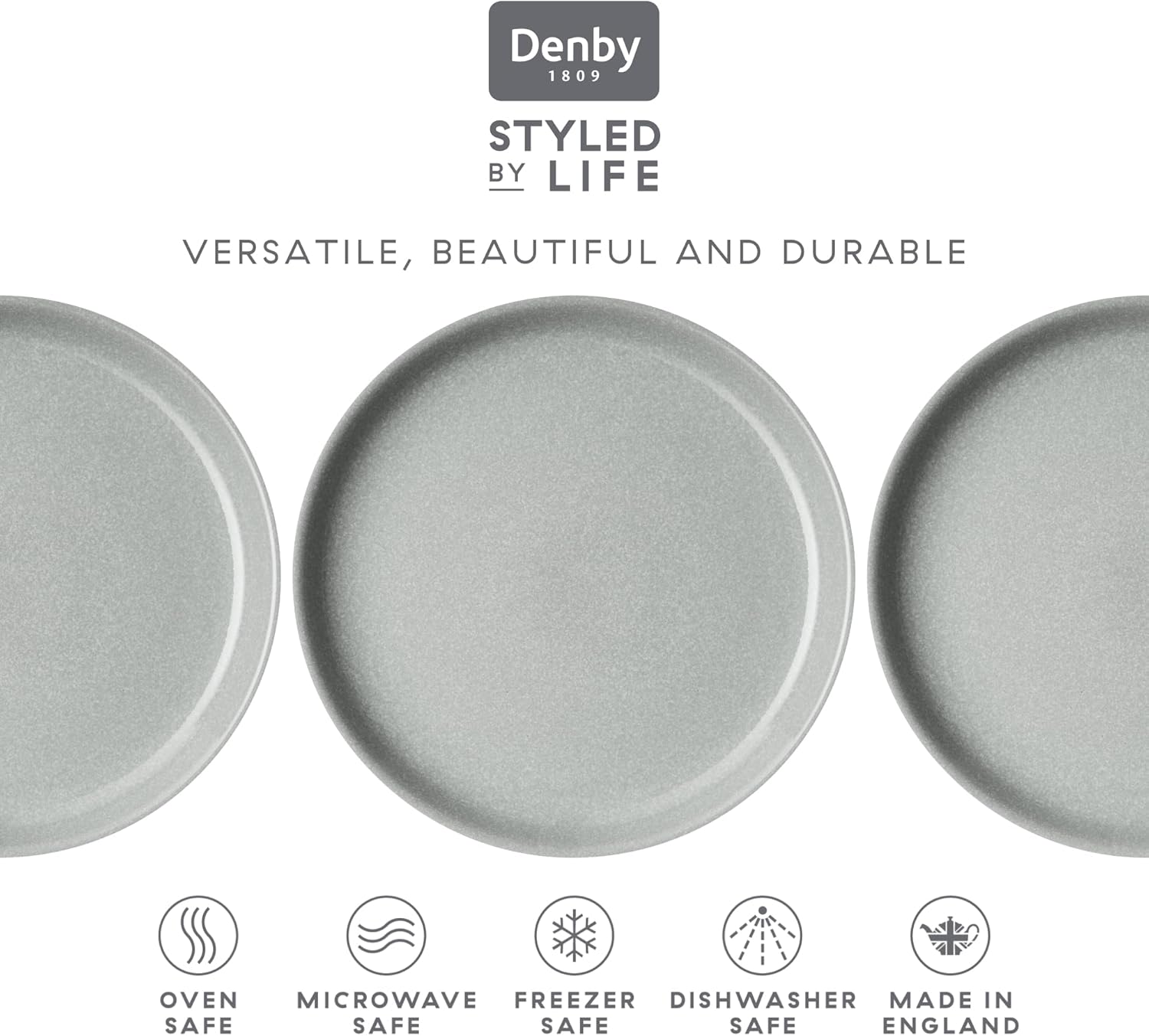 Denby - Elements Light Gray Coupe Salad Plates Set of 6 - Dishwasher Microwave Oven Safe - Scratch Chip Resistant Lunch, Appetizer, Dessert Plates - 8.25 Inch Ceramic Stoneware Dinnerware Set