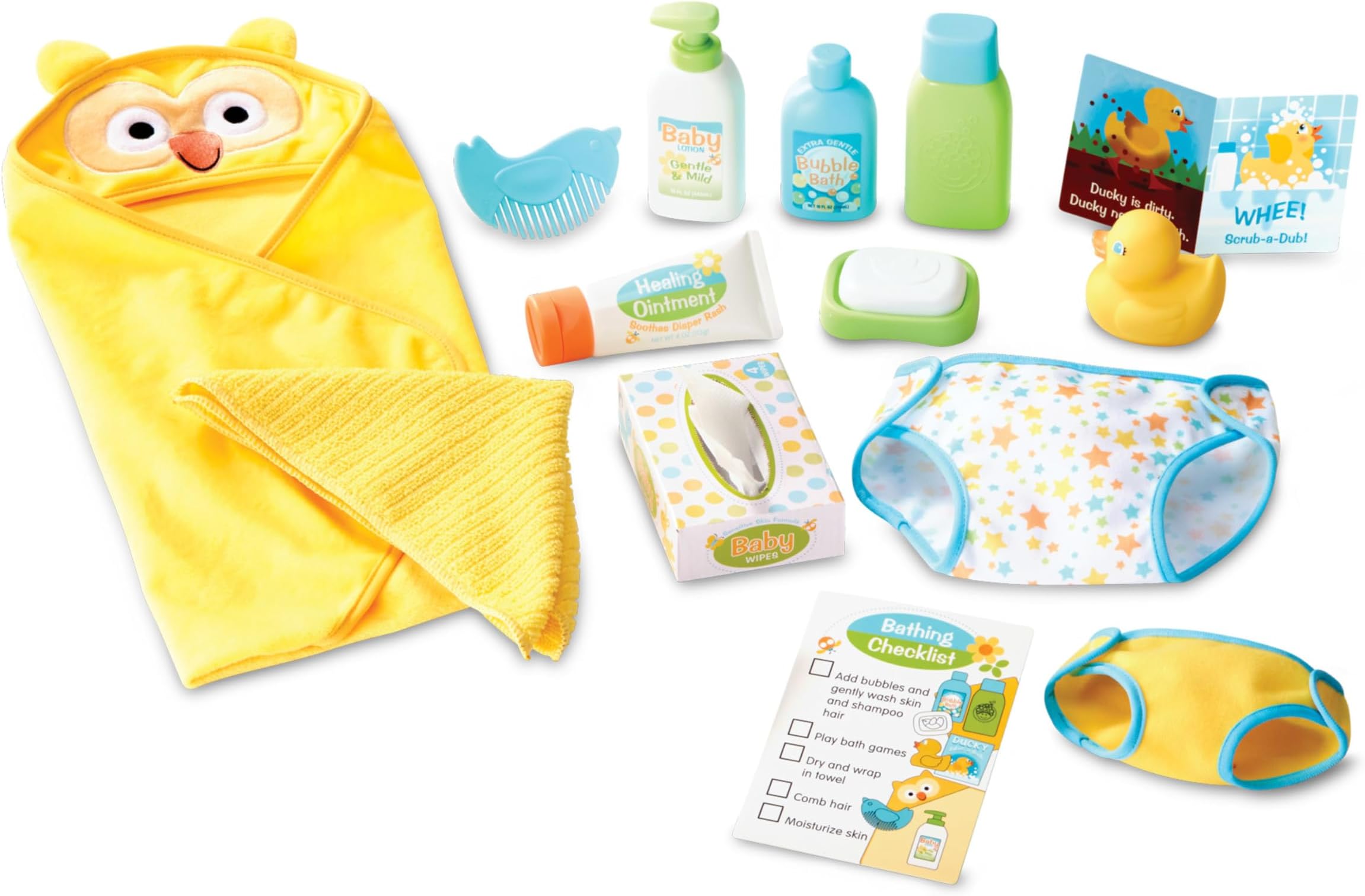 Mine to Love Changing & Bathtime Play Set for Dolls – Diapers, Pretend Shampoo,Wipes, Towel, More (19 pcs)