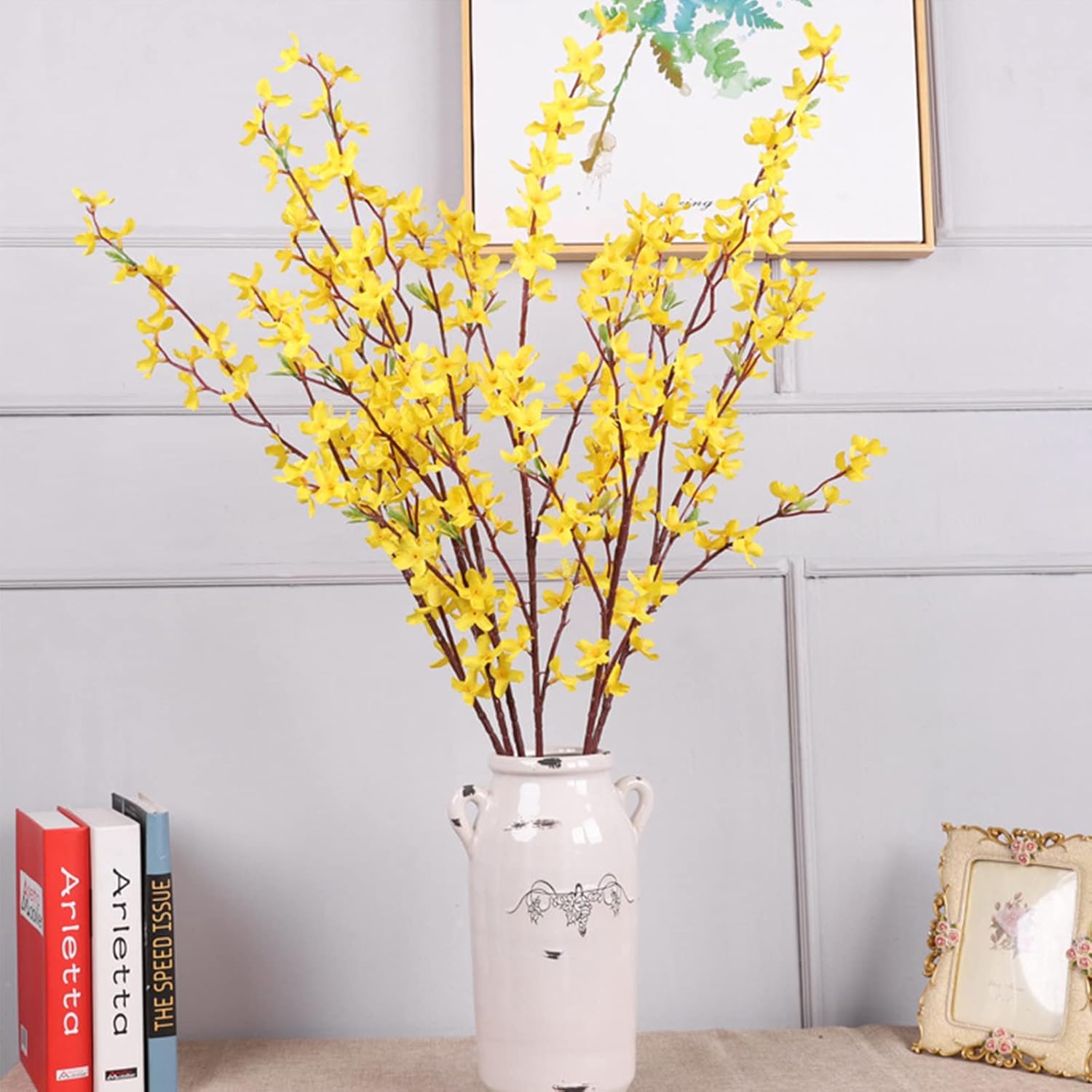 6 Pcs Artificial Forsythia Branches, 37 inch Long Stem Winter Jasmine Flowers Bouquets Yellow Orchids Flowers for Wedding Party Home Office Decor