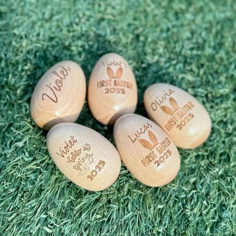 SMEKHOXO Personalized Easter Egg Shaker 2025, Wooden Musical Engraved Egg Shaker, Baby's First Easter Gift
