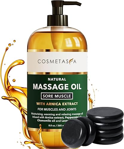 Cosmetasa Aceite de masaje muscular dolorido con piedras calientes de masaje, alivia el dolor muscular y articular con extracto de árnica, menta,
