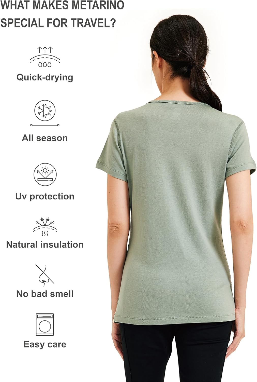 METARINO 100% Merino Wool T-Shirt Women,Short Sleeve Lightweight Crew Neck Base Layer Tee Shirt for Travel,Hiking - Image 3