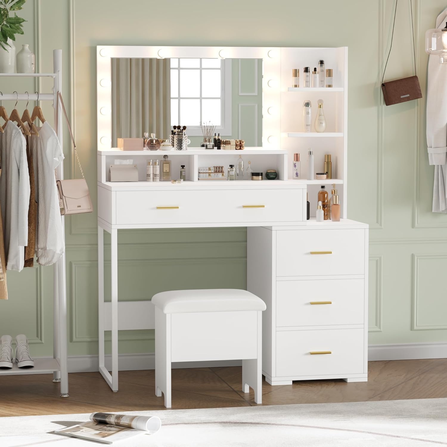 Makeup Vanity Desk with Mirror and Lights, 3 Adjustable Lighting Colors Vanity Set with 4 Large Drawers & Cushioned Chair, White Bedroom Dressing Table Makeup Vanity for Women Girls