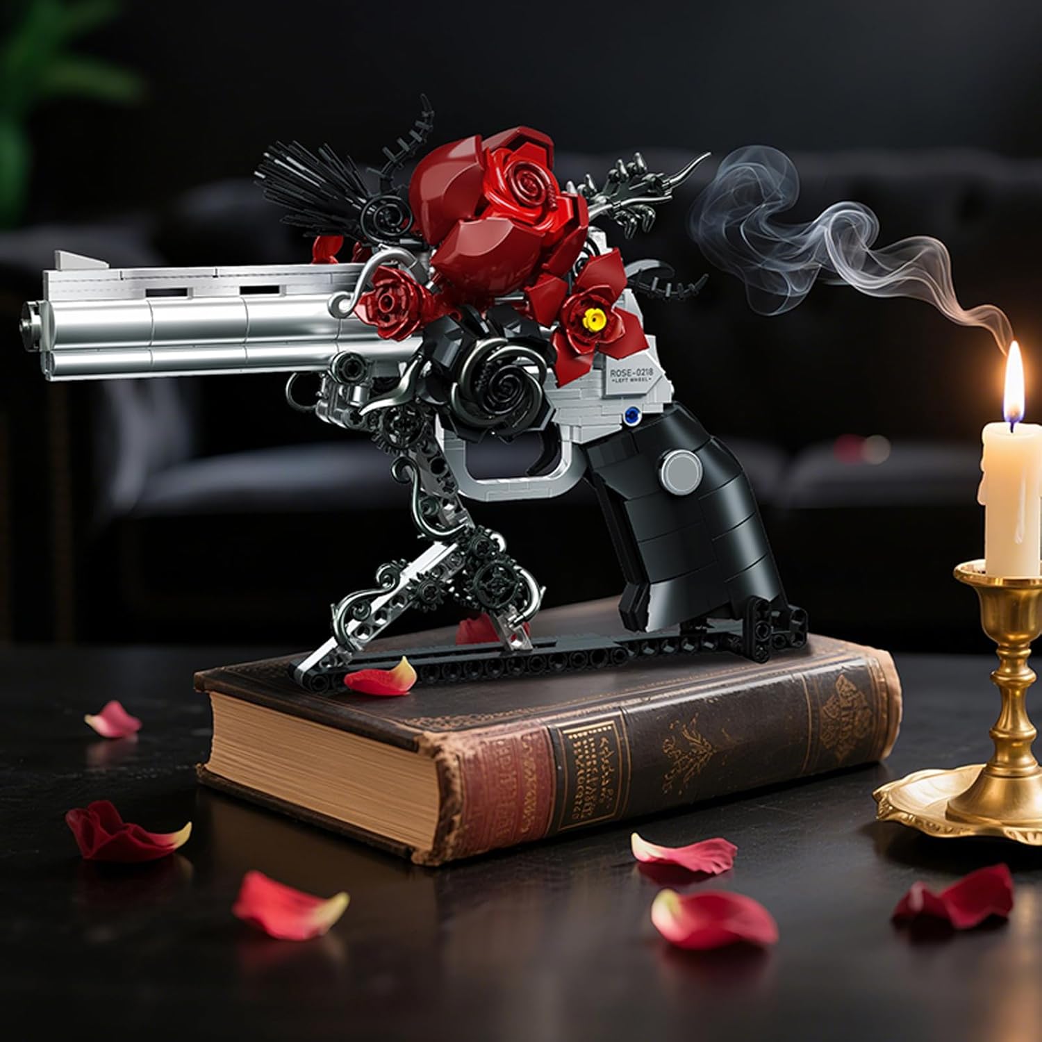 Building Blocks Gun Revolver Set, 631 PCS Brick Pistol Model Kit with Roses, Creative Mechanical Block Gun, Compatible with Lego 853792 Accessory Toy for Kid & Adults Home Decor
