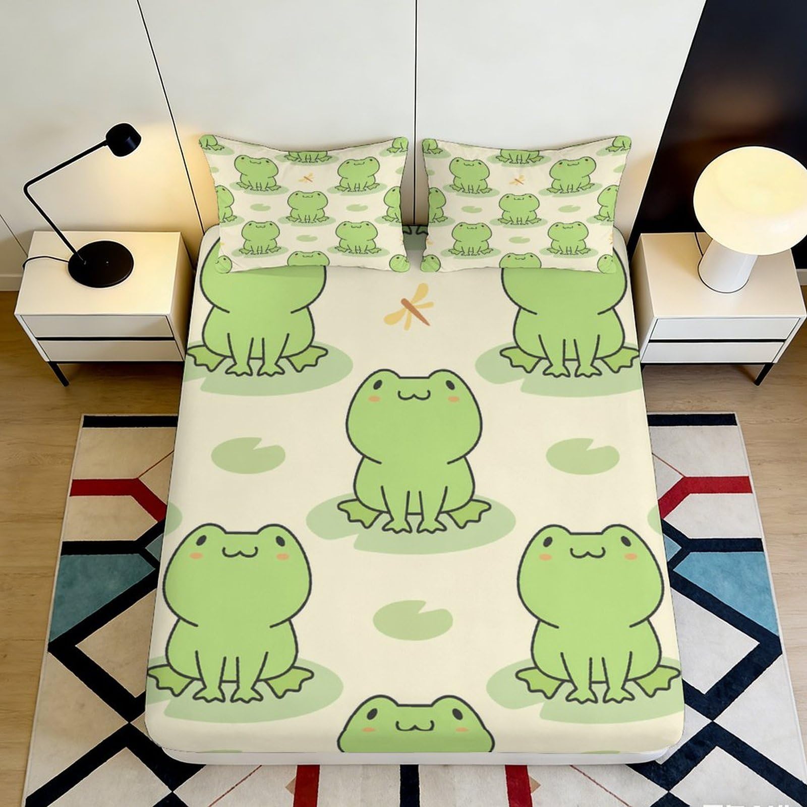 3D Printed Cute Frog Pattern Fitted Sheet Microfiber Soft Green Cartoon Mattress Cover for Bedroom Dorm Easy Wash Decor 120x200x25cm