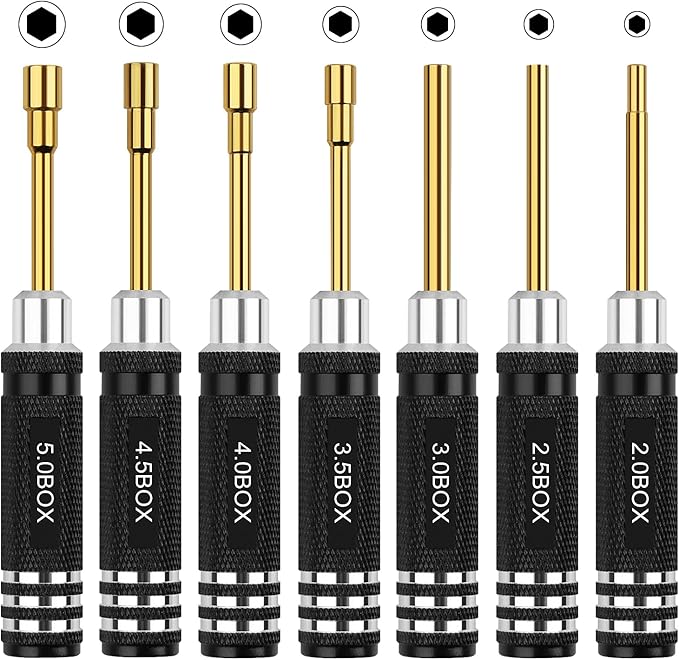 RC Tools Kit 7PCS Hex Nut Screwdriver Set with 5.0/4.5/4.0/3.5/3.0/2.5/2.0 Box Hobby Tools Hexagon Nut Wrench Repair Tools Compatible with SCX24 Traxxas Redcat RC Cars Trucks