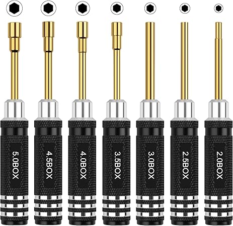 RC Tools Kit 7PCS Hex Nut Screwdriver Set with 5.0/4.5/4.0/3.5/3.0/2.5/2.0 Box Hobby Tools Hexagon Nut Wrench Repair Tools Compatible with SCX24 Traxxas Redcat RC Cars Trucks