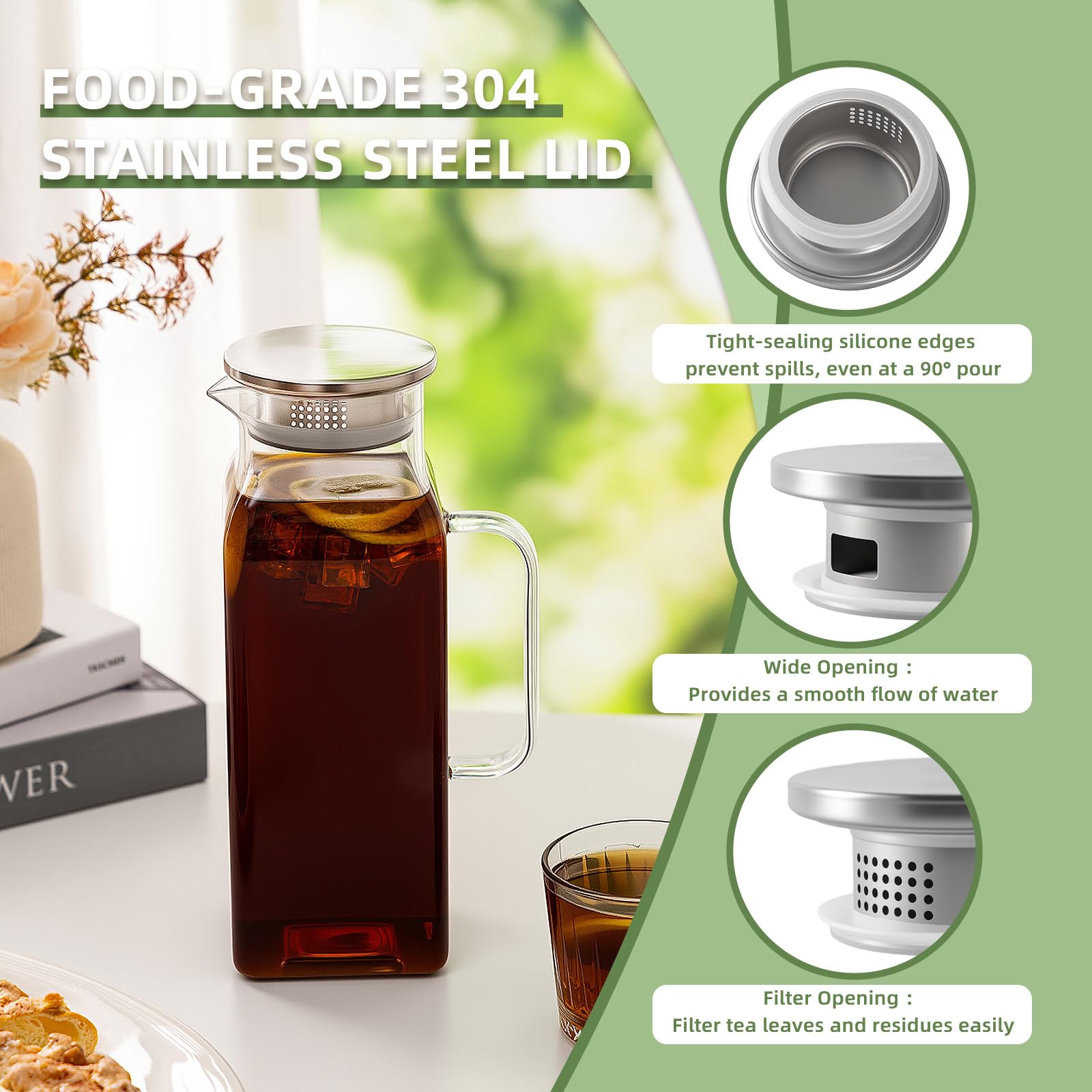 Lot de 2 pichets en verre avec couvercle et bec verseur, 2 litres