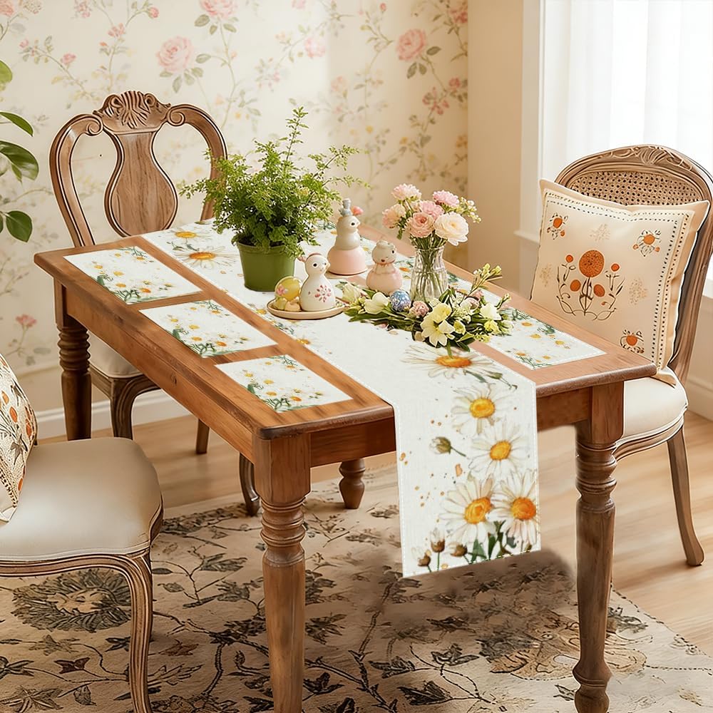 Floral Bird Design Table Runner, 13x72 Inch Spring Table Runner & 6Pcs Placemat for Dining Tables, Elegant Runners Set to Refresh Your Home Decor