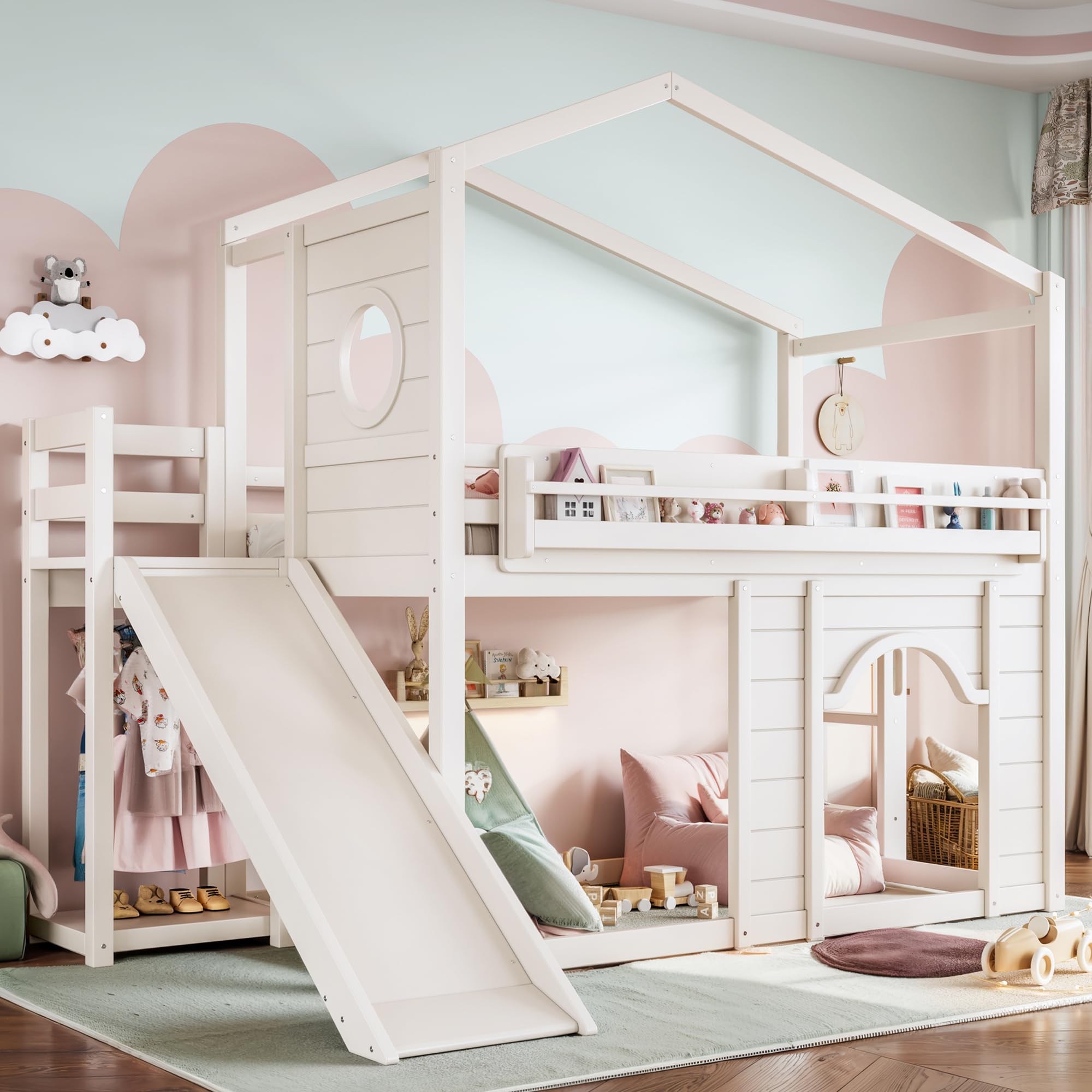 Bellemave Bunk beds Twin Over Twin with Slide,Bookshelf and Wardrobe House roof Design, Low bunk/loft Bed for Kids，Beige