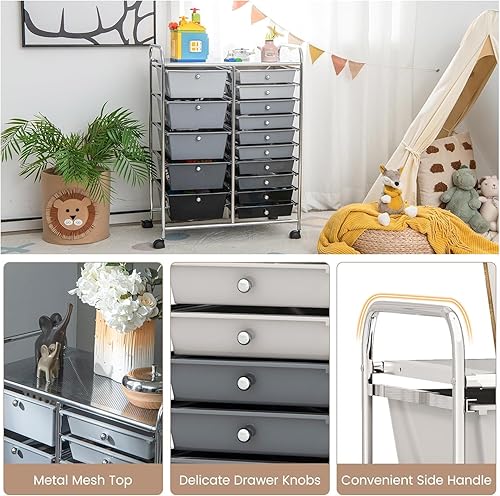 Vista 226 de LDAILY Carrito de almacenamiento con ruedas de 15 cajones, carrito rodante con cajones para aula, organizador de manualidades con ruedas con marco