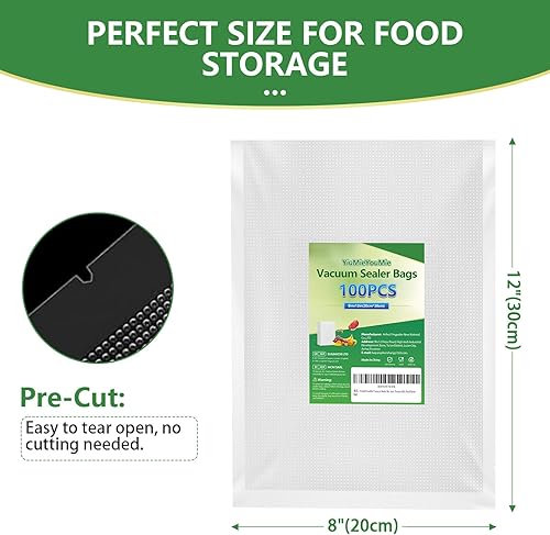 Miniatura 8 de 100 bolsas selladoras al vacío de 8 x 12 pulgadas para alimentos, bolsas de sellado al vacío precortadas, seguras para contacto con alimentos,