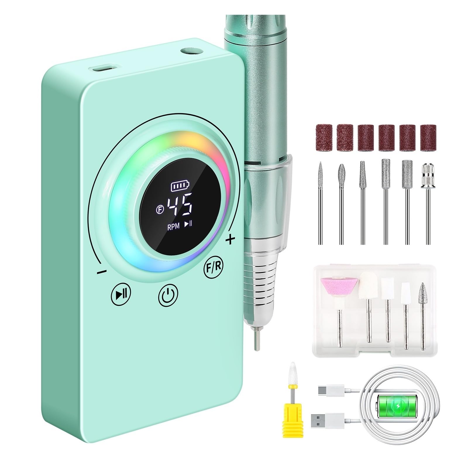 Trapano per unghie, Trapano elettrico for unghie 45000 giri/min, kit for manicure portatile ricaricabile senza fili con display LCD(Groen)