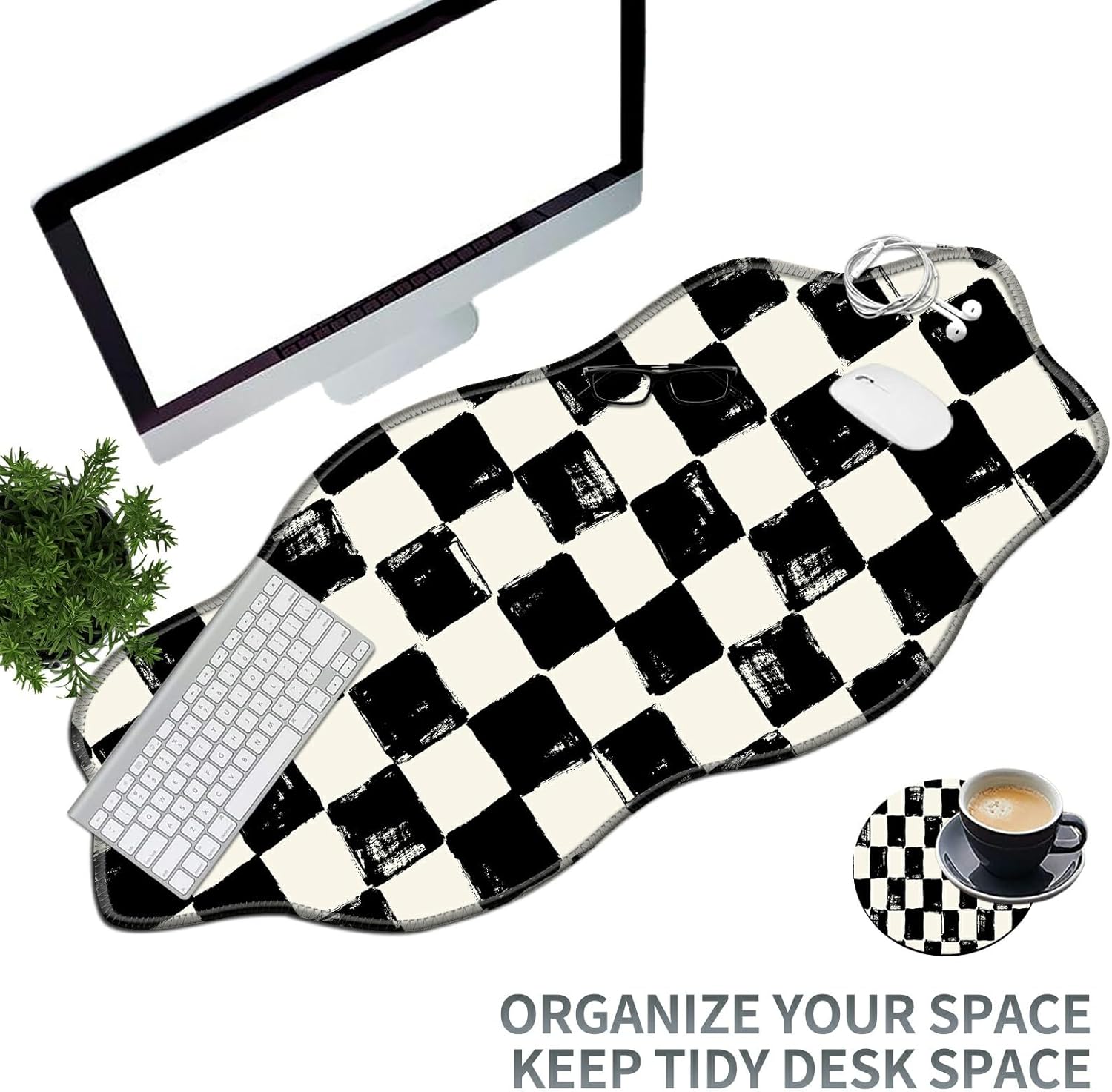 Black White Checkered Large Gaming Mouse Pad Plus a Coaster, 35.4 x 15.7 inches Desk Mat Extended XXL Mousepad with Stitched Edge Non-Slip Rubber, Desk Pad Computer Mouse Mat for Home Office