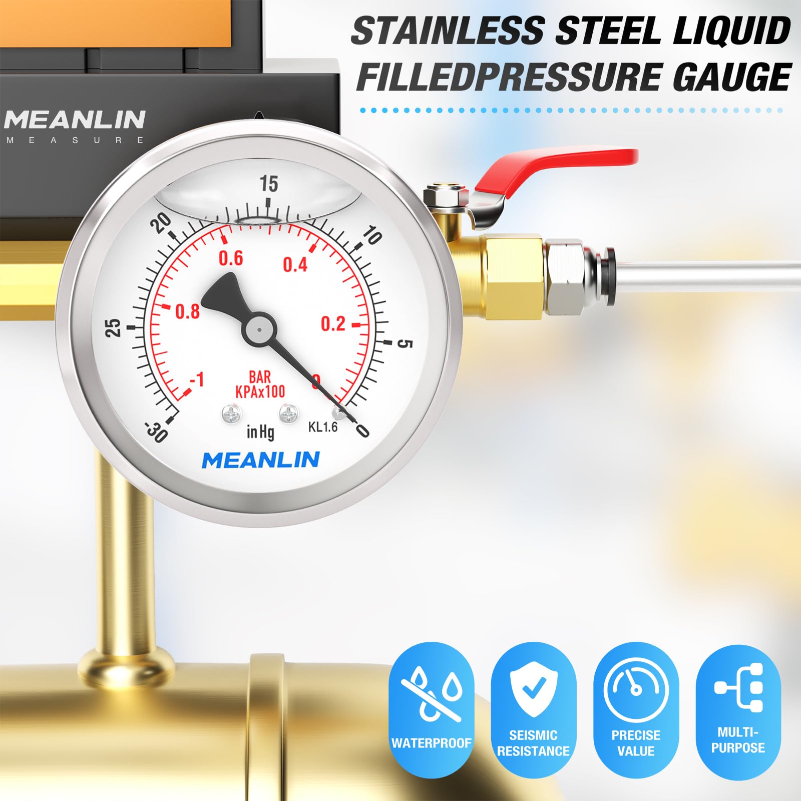 MEANLIN MEASURE -1~0BAR/-30~0in Manomètre à vide à huile en acier inoxydable 1/8"BSP 2.5" WOG Water Oil Air Montage arrière, avec douille hexagonale 1/4" BSP et 3/8" BSP