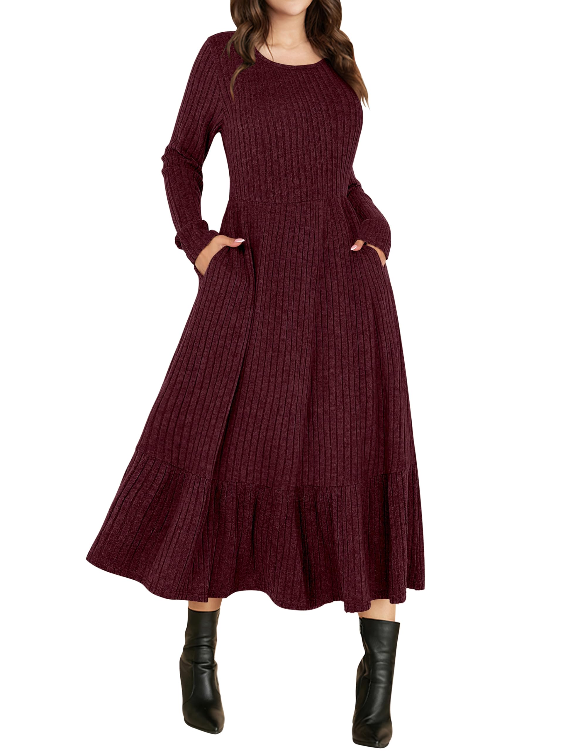 ANRABESS Womens Long Sleeve Midi Dress Spring Rib Knit Crew Neck A Line Soft Flowy Swing Dresses with