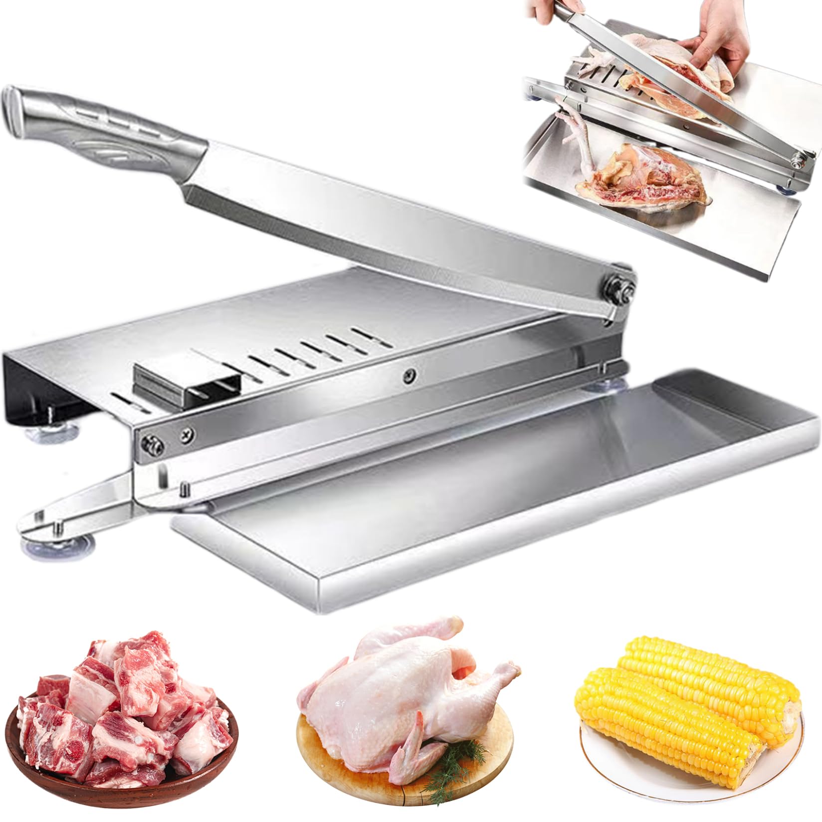 Cortador de huesos y carne manual de acero inoxidable con bandeja para cocina