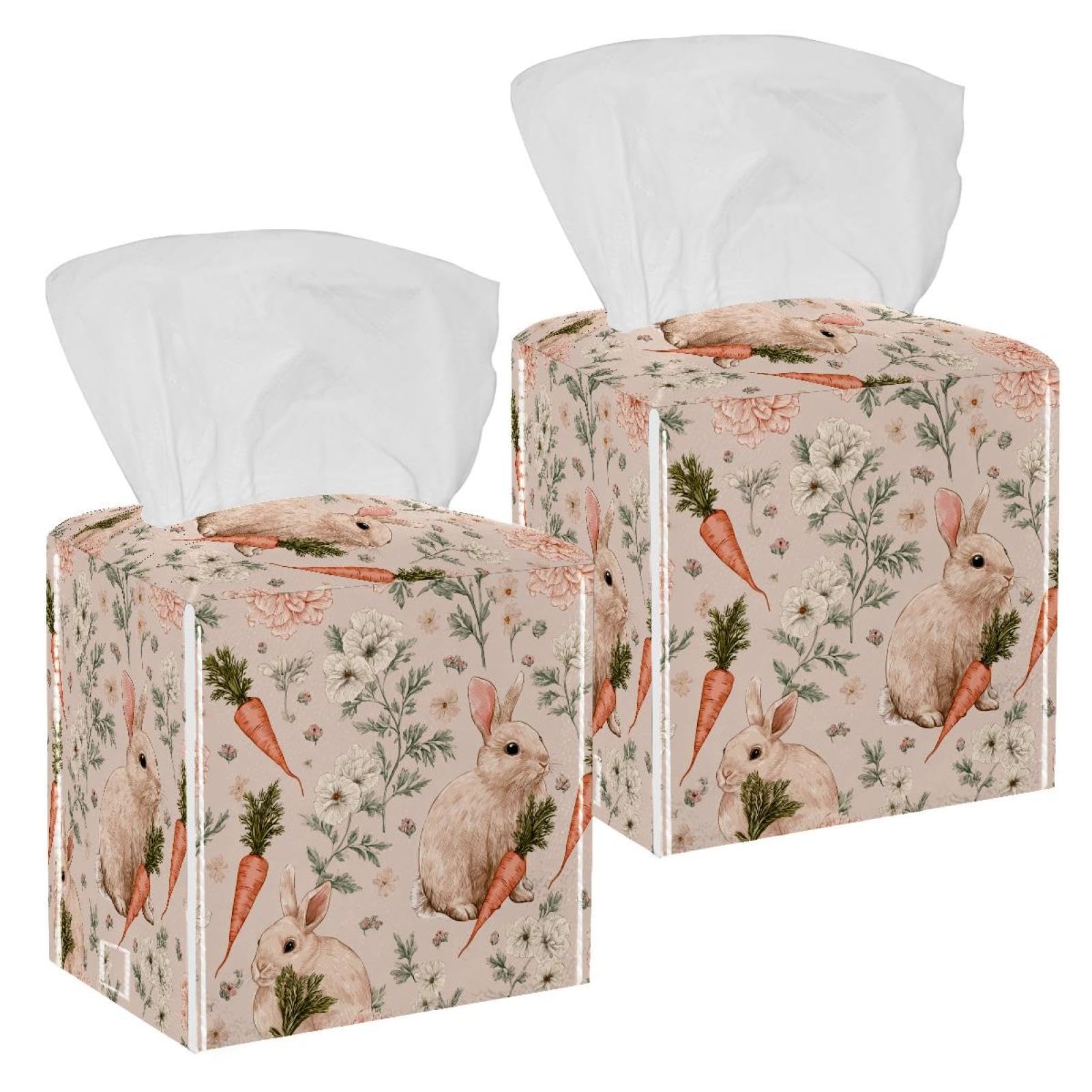 Rabbits and Carrots Tissue Box Cover, 2 Pack PU Leather Square Facial Tissue Dispenser Box holder for Home Office Car