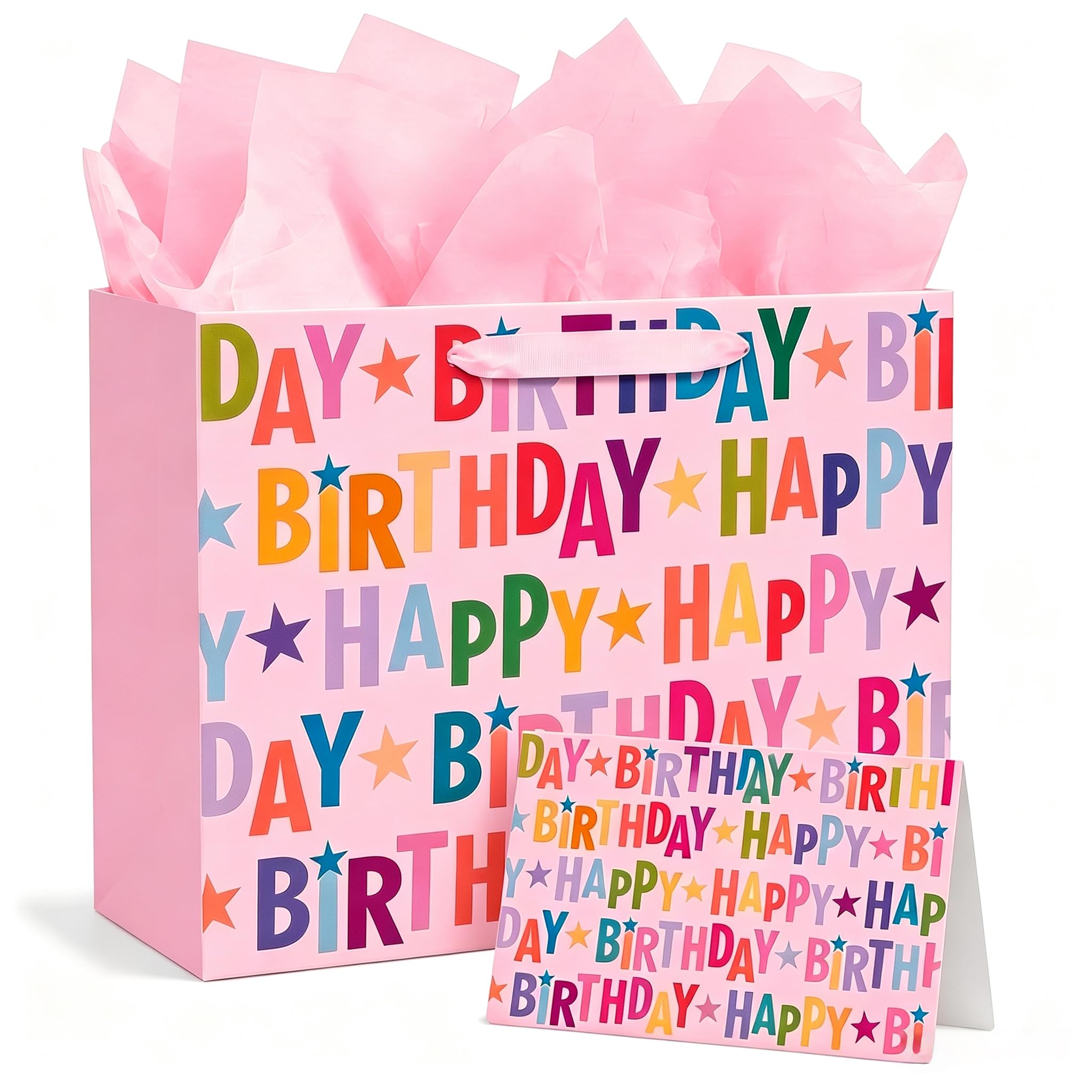 Birthday Gift Bag for Presents, Pink Happy Birthday Bags with 3 Tissue Papers & 1 Greeting Card, 30x22x12cm Sturdy Gift Bag for Women, Girls and Kids