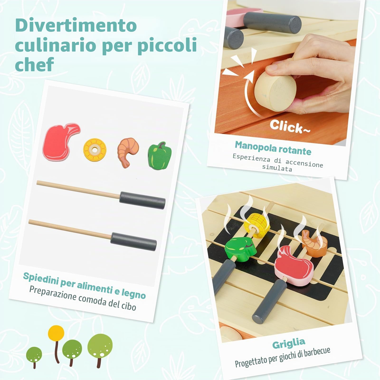 FANTASK Cucina da giardino in legno, per esterni, con rubinetto e grill, con spiedini in legno, per alimenti e accessori da giardino, per bambini a partire dai 3 anni in su